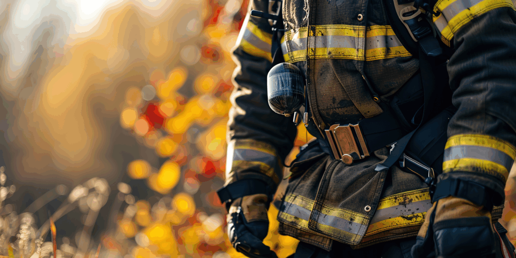 Firefighter in his protective gear walking in front of some fall foliage