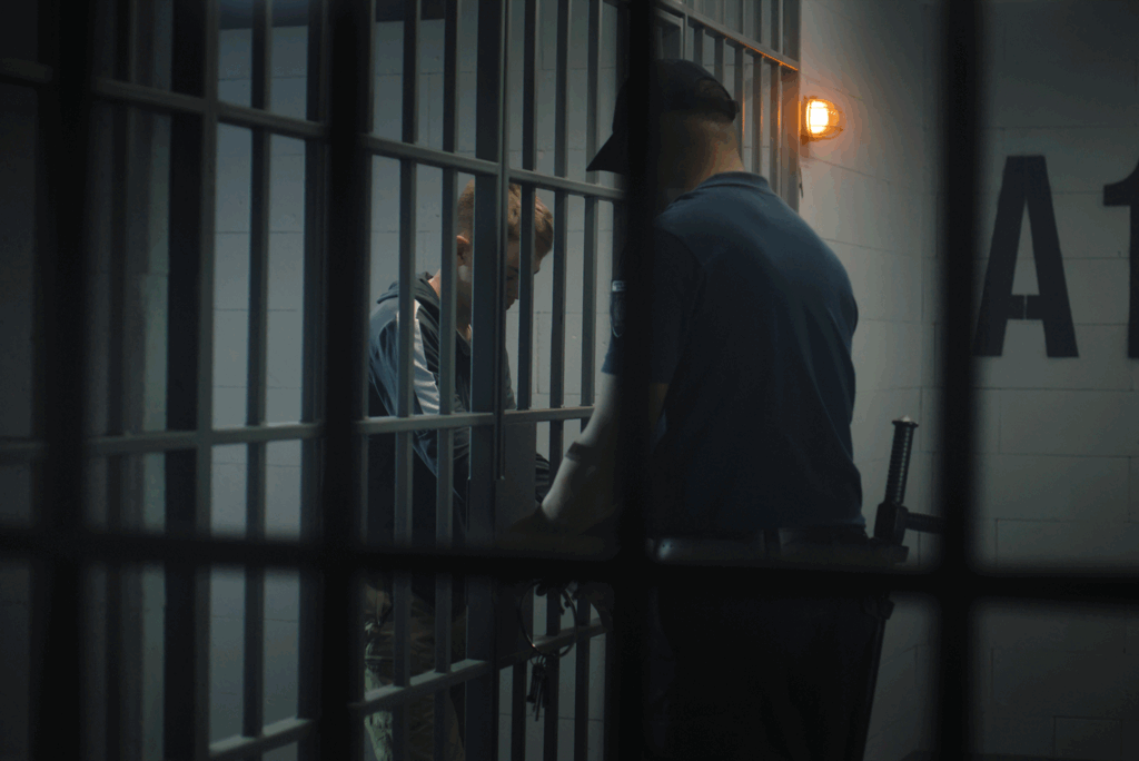 Corrections officer standing in front of a jail cell and taking handcuffs off of prisoner.